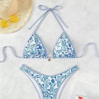 bikini halter hoạ tiết cho dáng quả lê